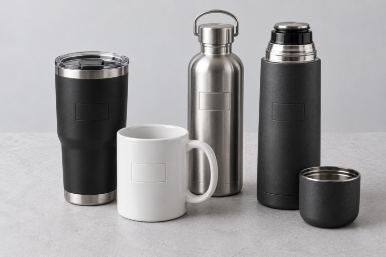 Promotional branded drinkware including tumblers, bottles and mugs