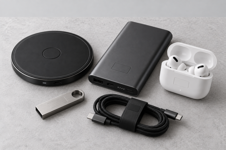 Branded tech gifts including wireless chargers and power banks