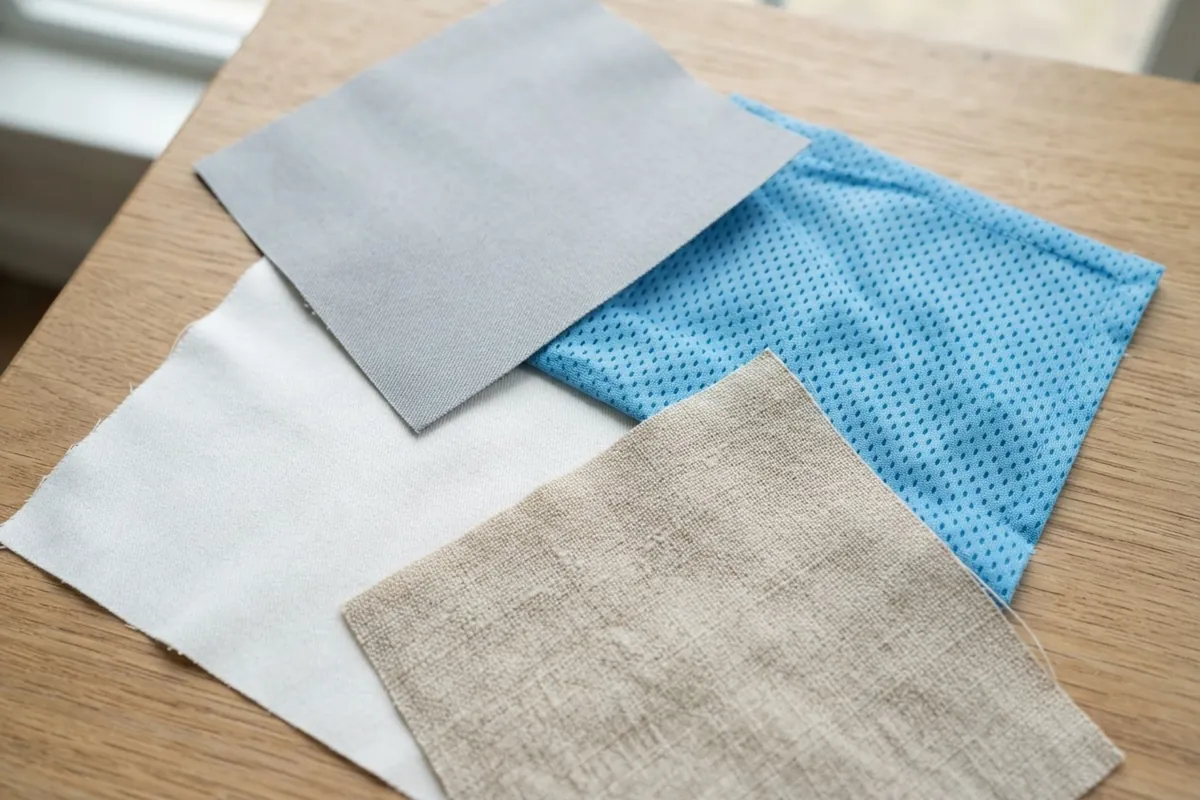 Swatches of cotton, poly-cotton and moisture-wicking uniform fabrics for hot climates