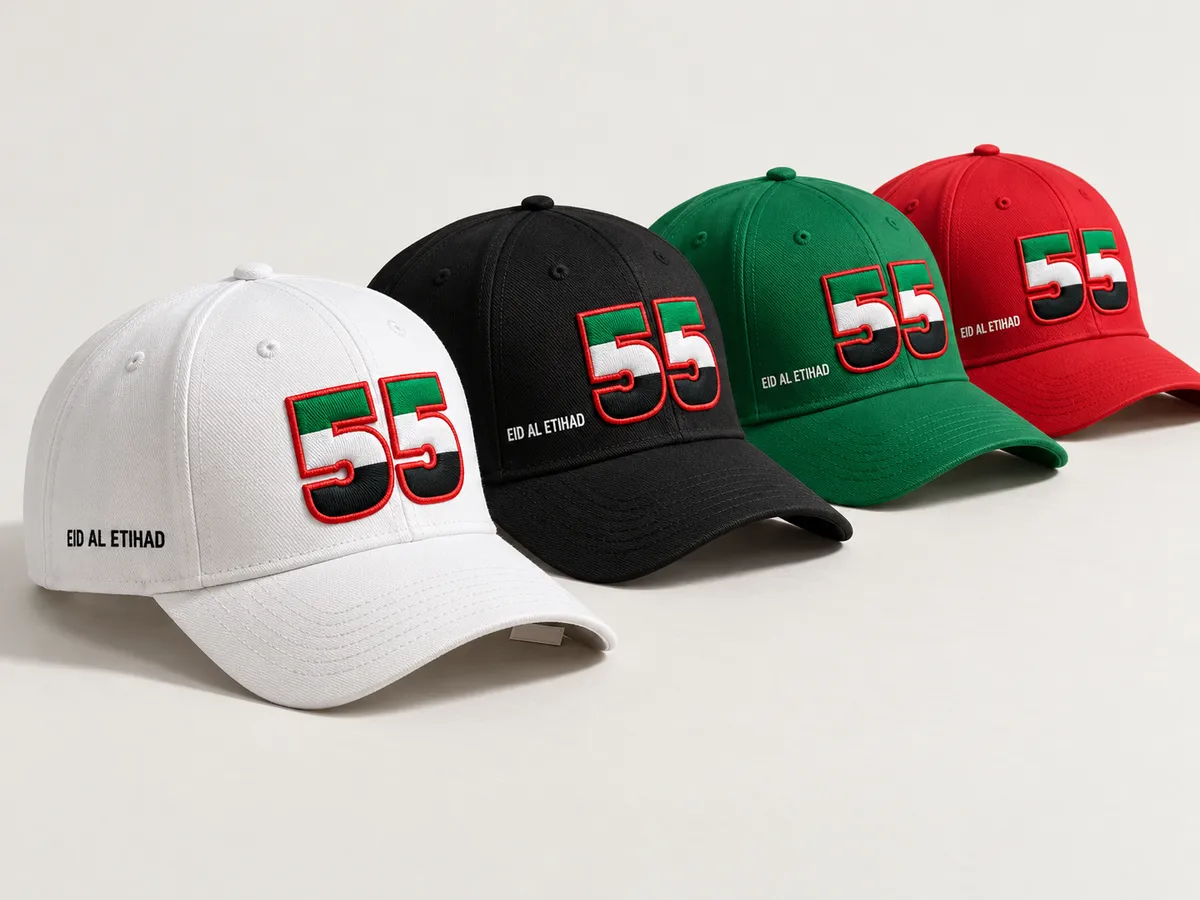 Custom embroidered caps for UAE National Day in red, green, white and black