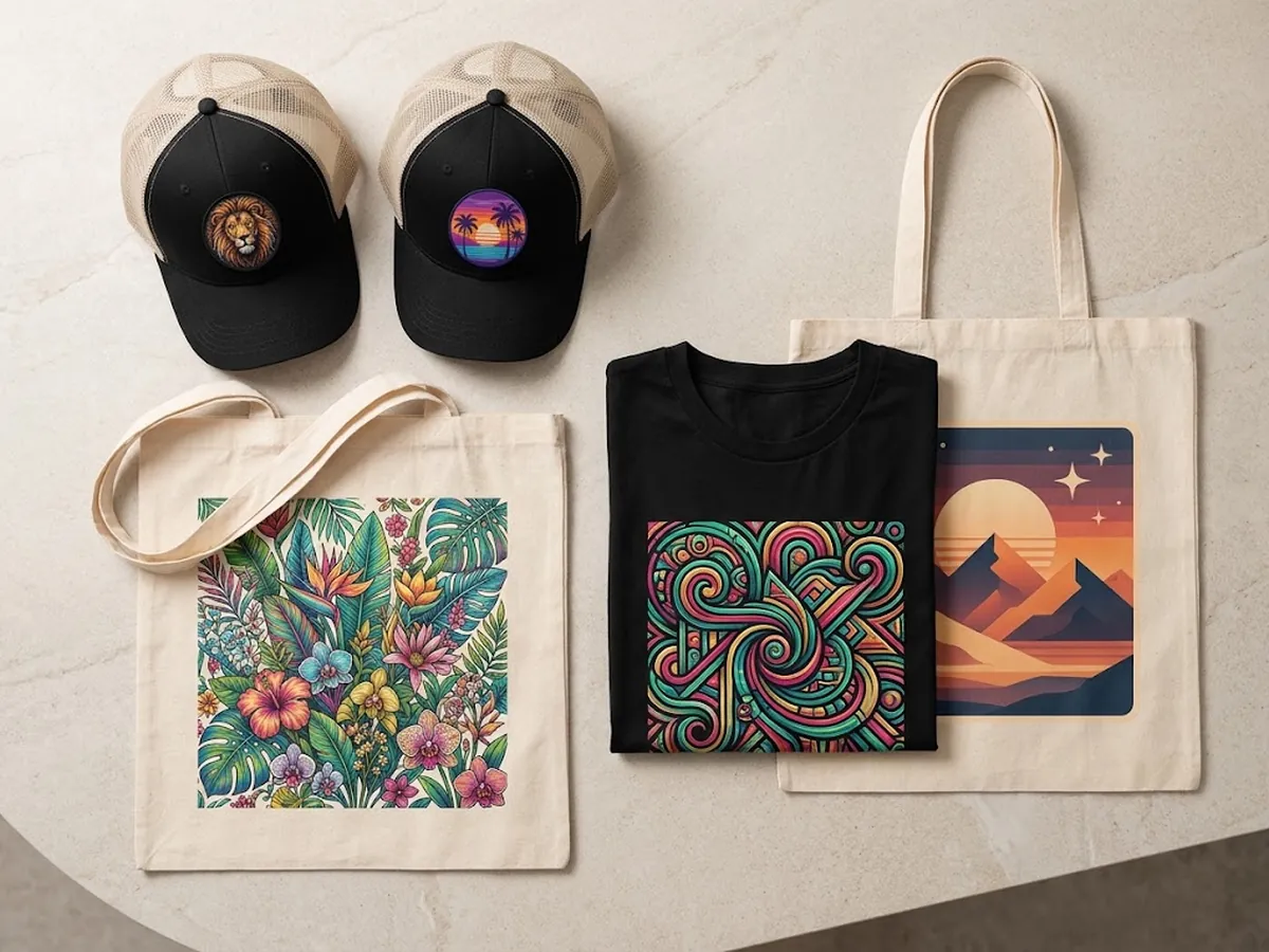 DTF printed caps, tote bags and merchandise items with colourful artwork
