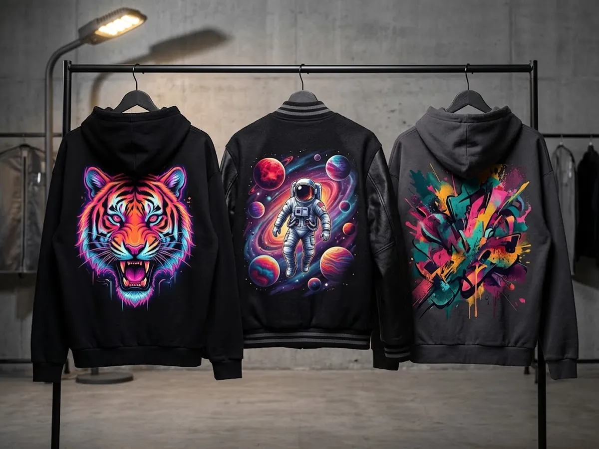 DTF printed hoodies and jackets with full-colour chest and back designs