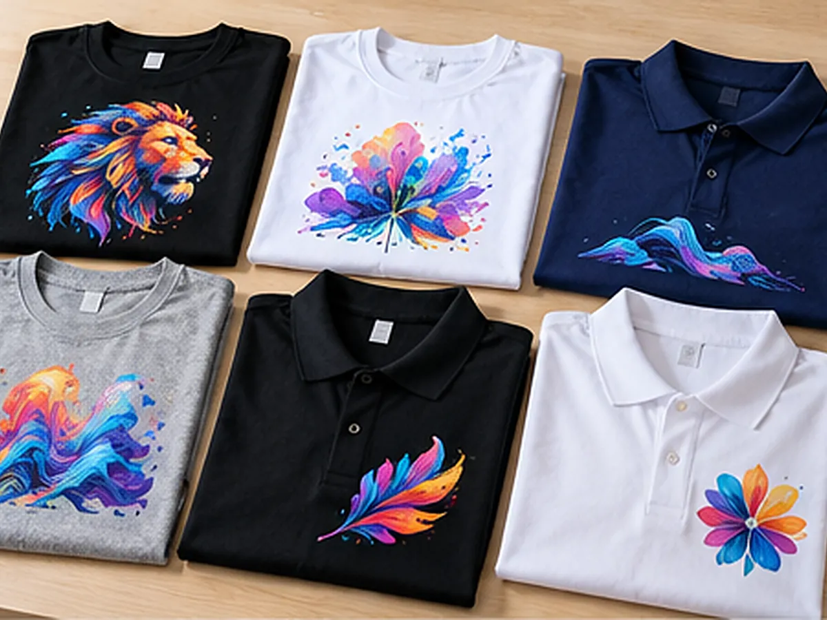 DTF printed t-shirts and polo shirts with detailed multi-colour artwork