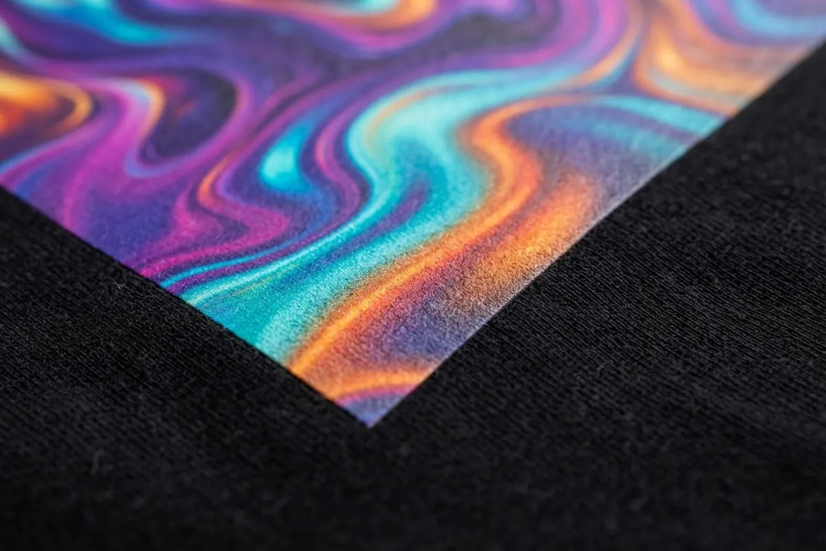 Close-up of a detailed full-colour DTF print on a black cotton t-shirt