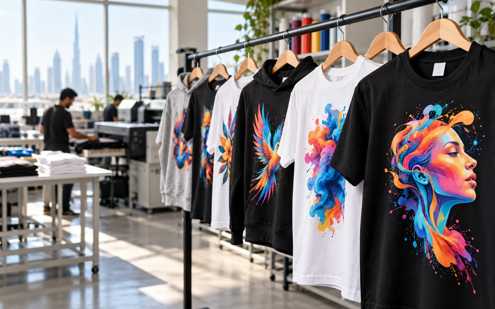 Full-colour DTF printed t-shirts and hoodies on a rail in a Dubai garment workshop