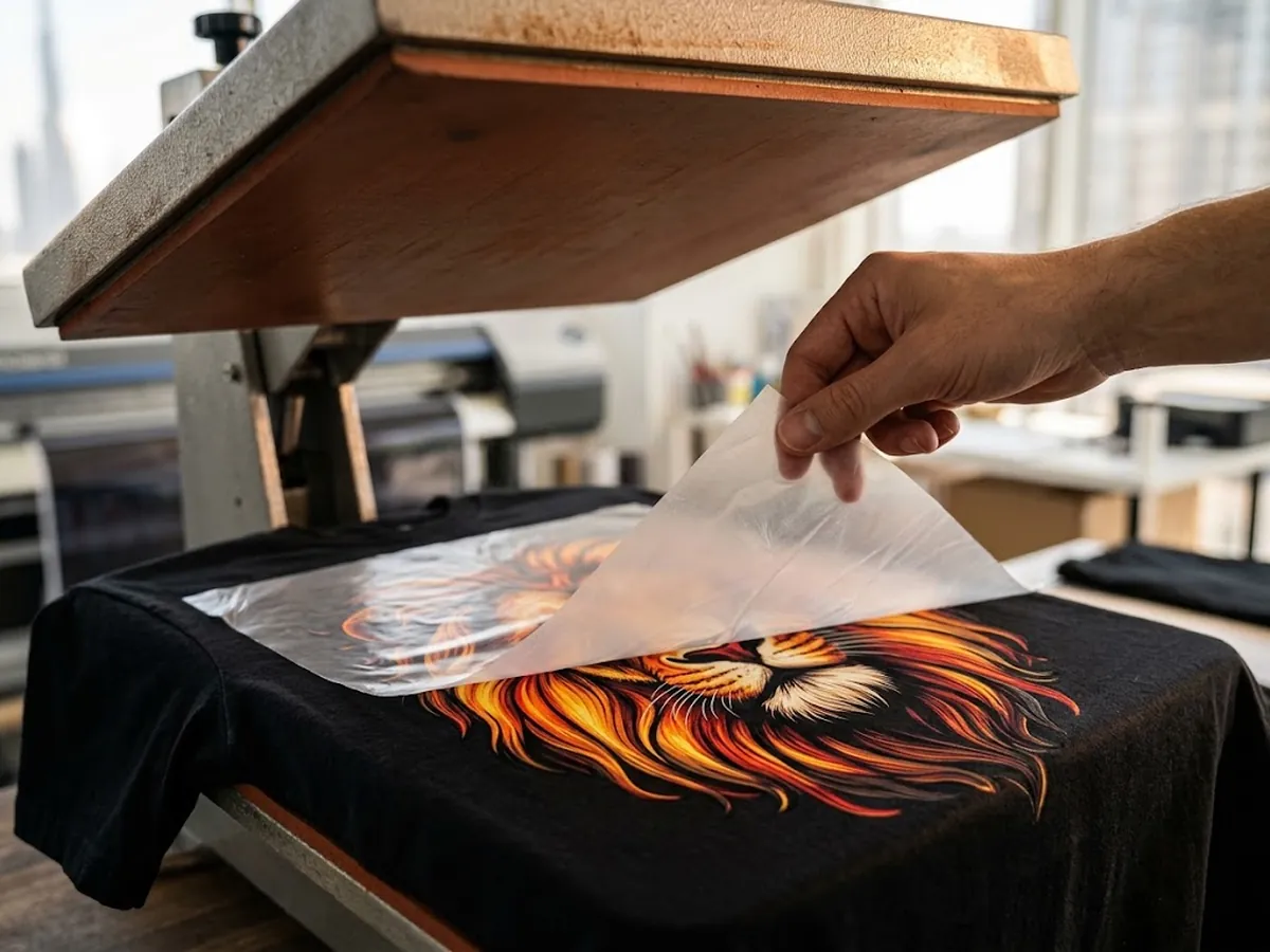 DTF film being peeled from a heat-pressed t-shirt to reveal a full-colour design