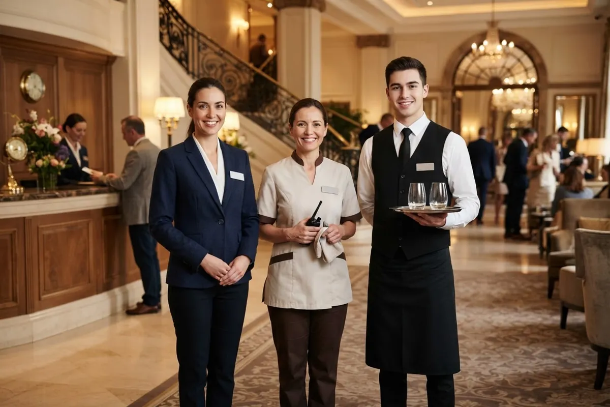 Front office, housekeeping and restaurant hotel uniforms displayed together