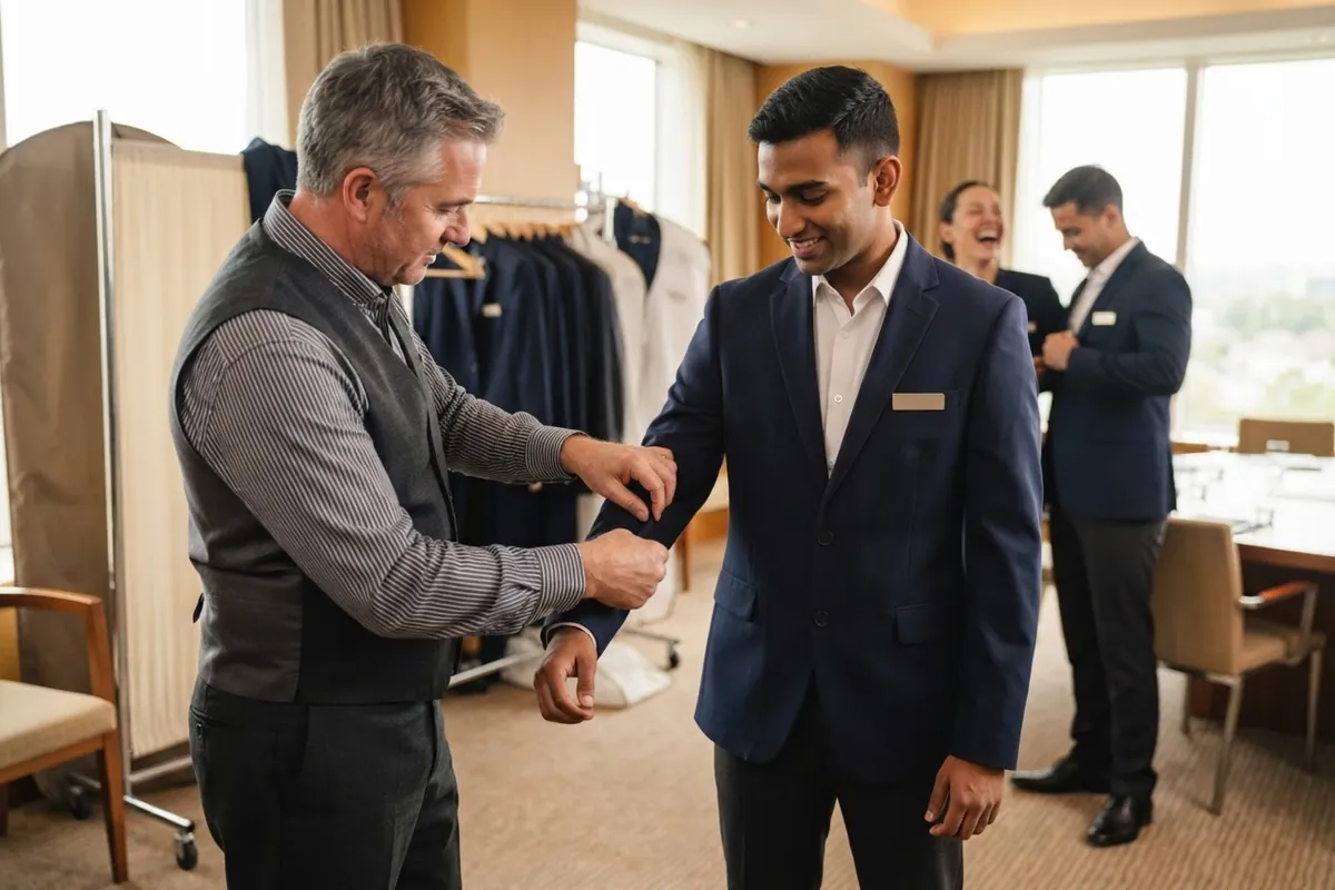 Hotel staff trying on uniforms at a pre-opening fitting session
