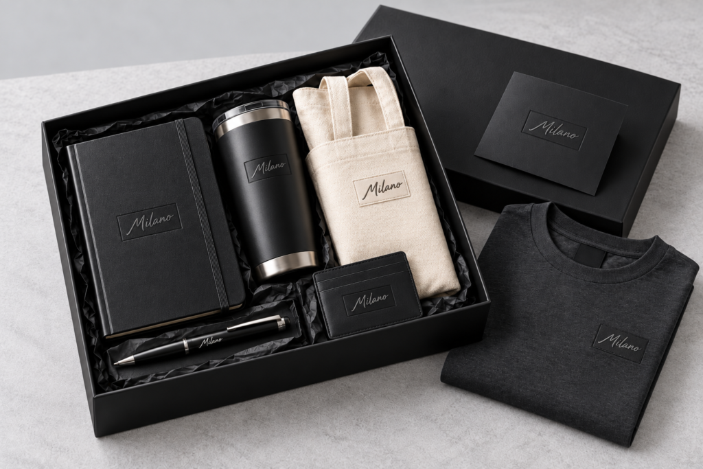 Milano branded corporate gift box with notebook, tumbler, tote bag and pen