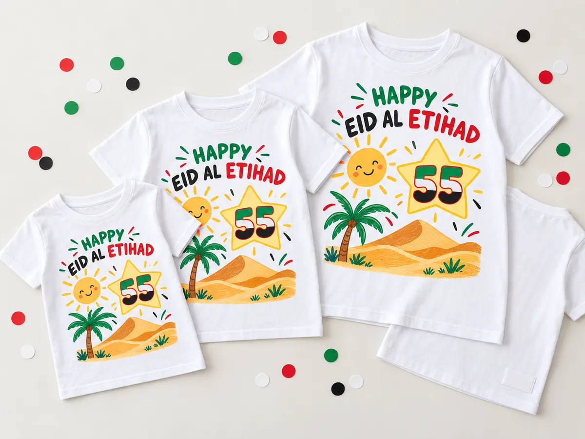 Kids school t-shirts for UAE National Day with colourful Eid Al Etihad print