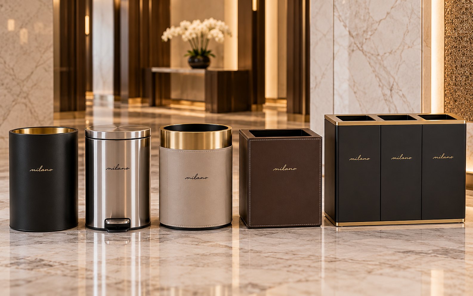 Milano hotel bins in black, stainless steel, leatherette and recycling formats