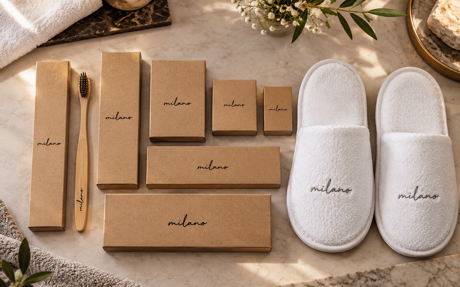Milano dry amenity kraft cartons, bamboo toothbrush and terry slippers