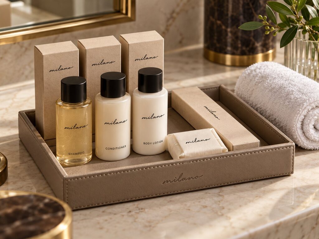 Milano branded hotel amenity tray with shampoo, conditioner, body lotion and soap