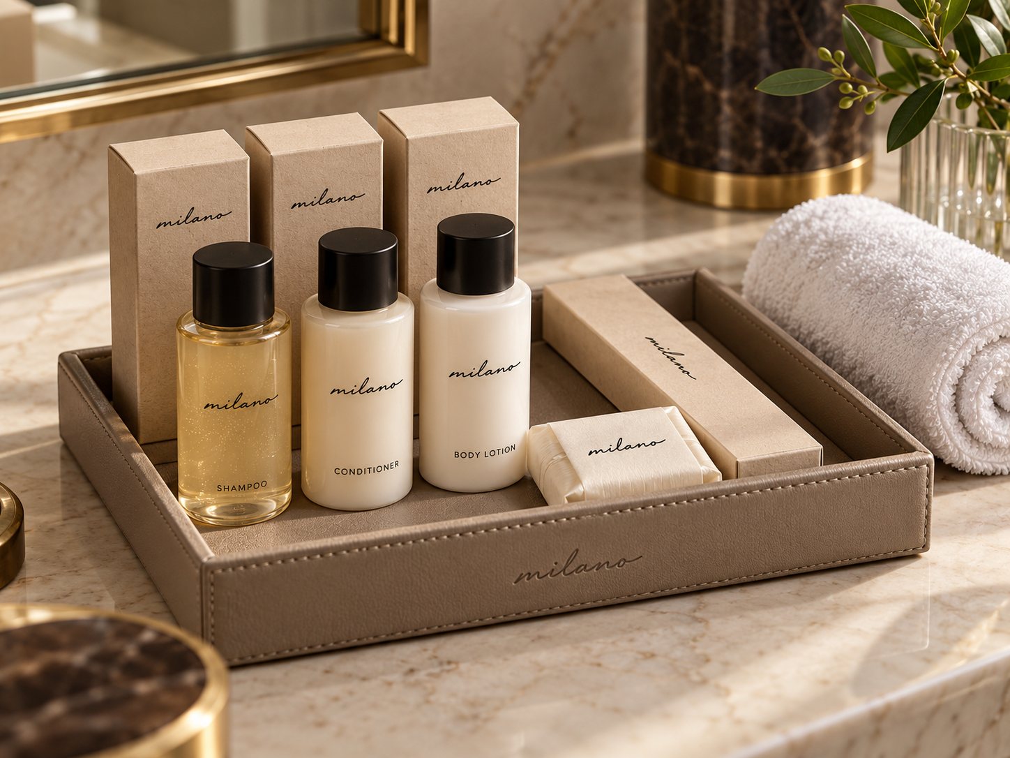 Milano branded shampoo, conditioner, body lotion and soap on a leatherette amenity tray