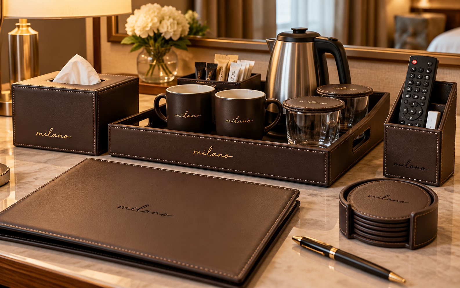 Milano leatherette guest-room accessories: tray, tissue box, folder, coasters and remote holder