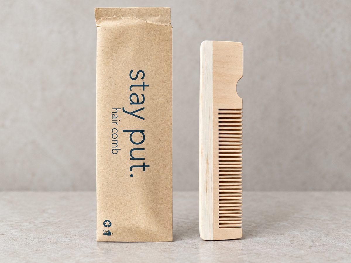 Wooden comb in kraft sleeve produced by Milano Group