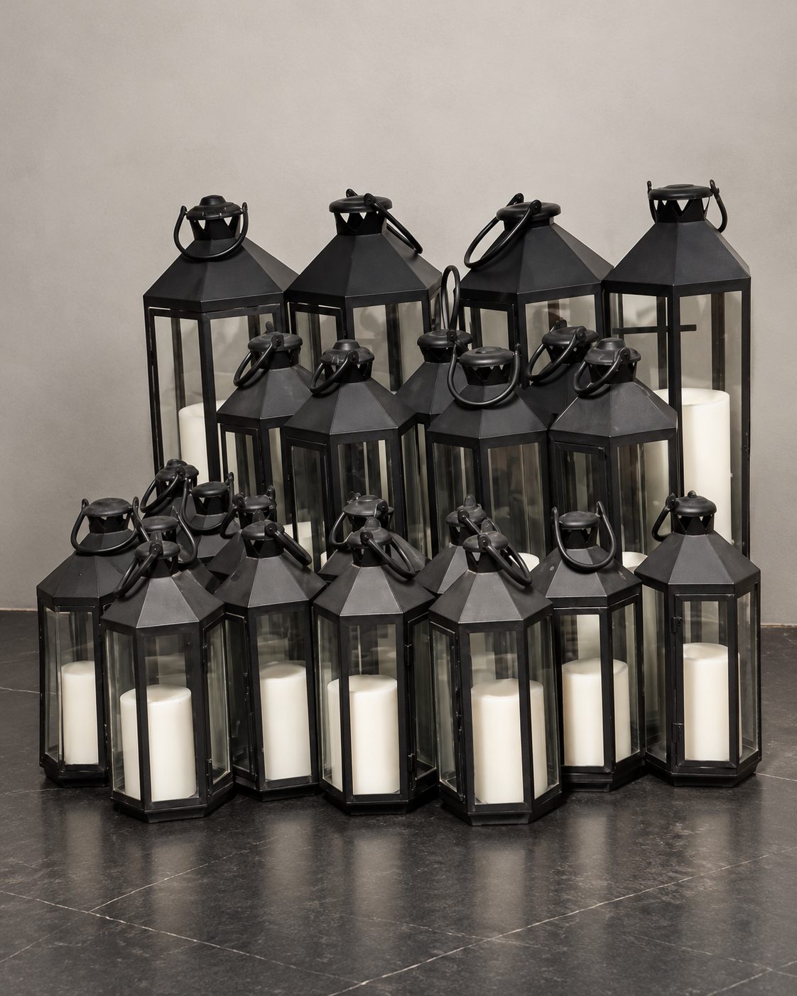 Black lantern collection with candles produced by Milano Group