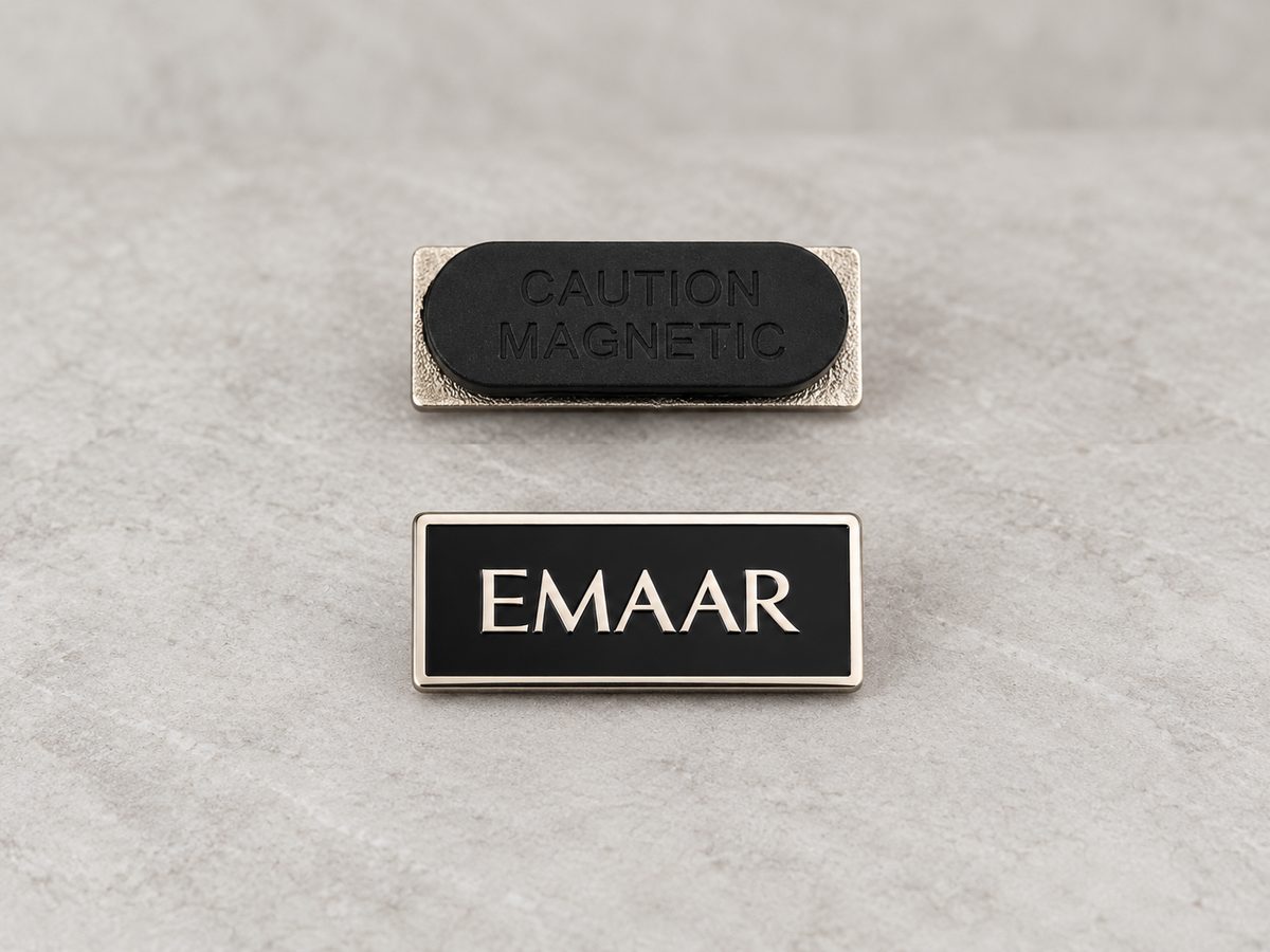Magnetic metal name badge produced by Milano Group