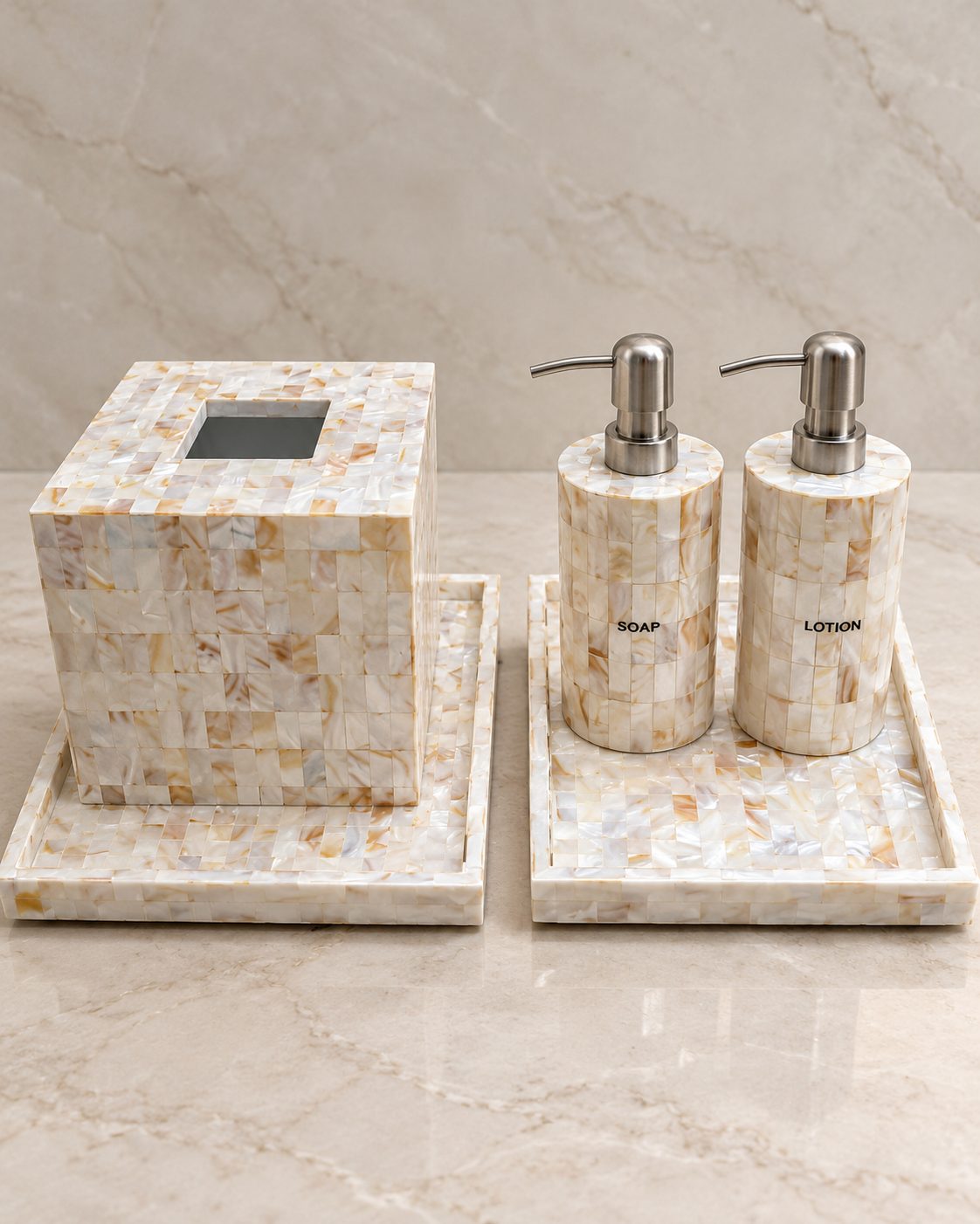 Mother-of-pearl bathroom set produced by Milano Group