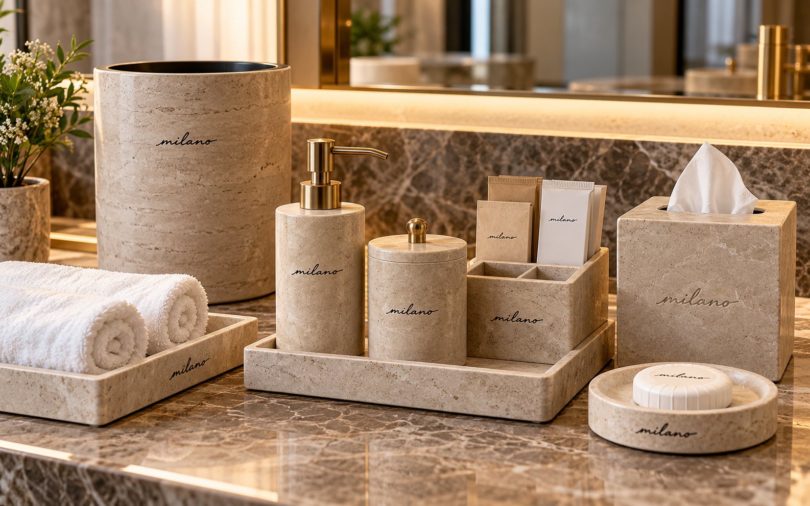 Milano stone-effect resin bathroom set with dispenser, trays, tissue box and bin