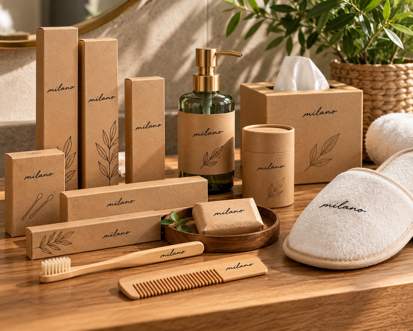 Milano kraft packaging, bamboo toothbrush and comb, refillable dispenser and slippers