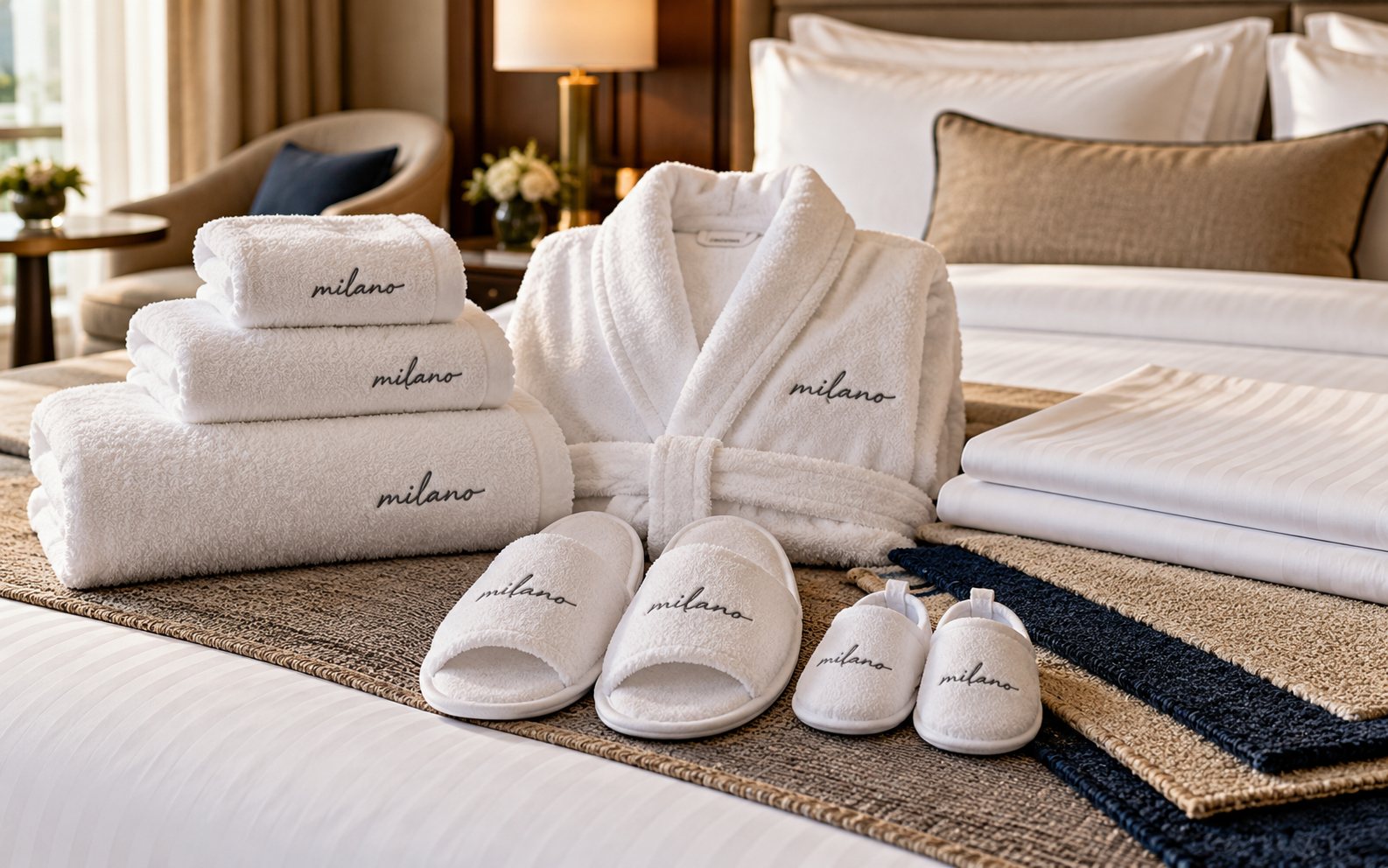 Milano embroidered towels, bathrobe, adult and kids slippers and bed linen