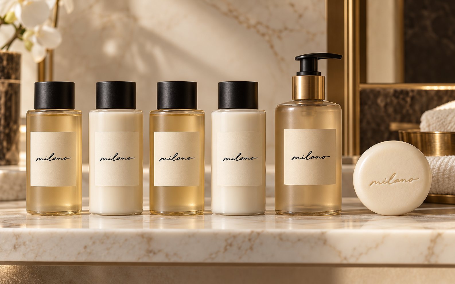 Milano wet amenities: shampoo, conditioner, shower gel, body lotion, hand wash and soap
