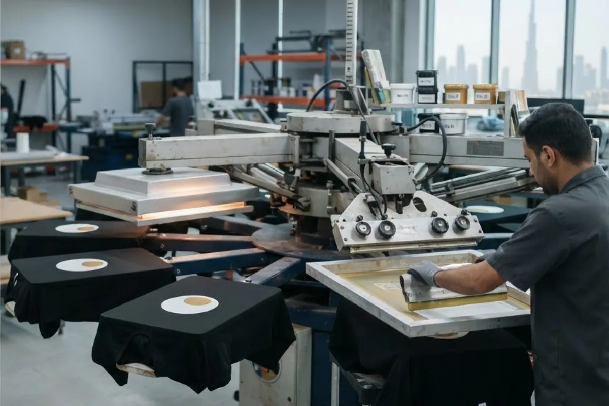 Bulk company t-shirts being screen printed with a two-colour logo