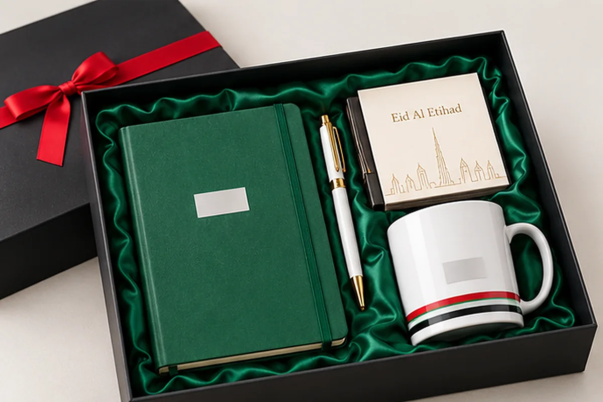 Customized corporate gift set with branded notebook, pen and mug in a premium gift box, Dubai